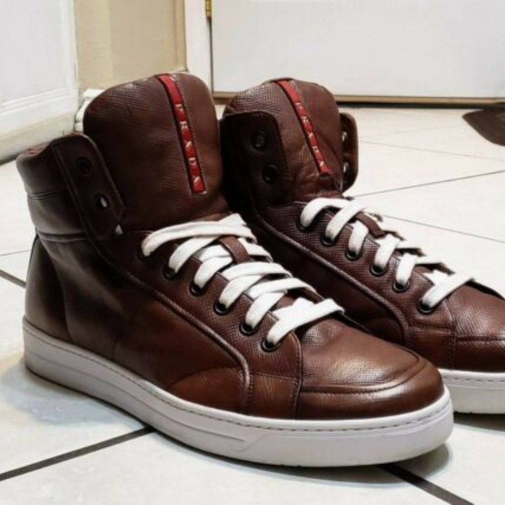Prada Men's Old Nappa Leather High Top Designer Sneakers - Size 10